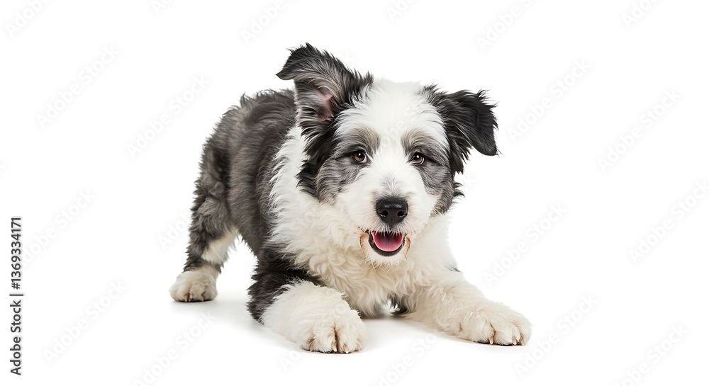 Playful Puppy Lying Down with Paws Extended on White Background Playful Puppy Lying Down with Paws Extended on White Background