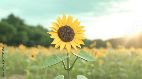 Single Sunflower in a Field at Sunset Vibrant Yellow Flower in Summer
