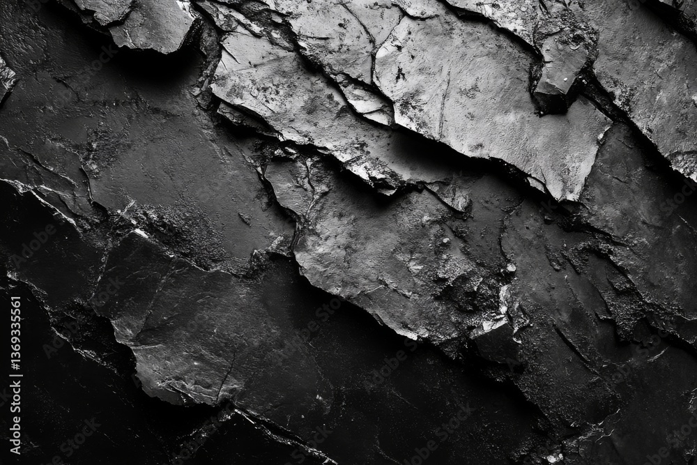 Obraz premium Closeup of cracked black slate texture with deep grooves and rough surface