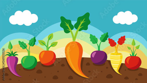 A rainbow of vegetables sprouting from the ground each one representing the different cultures and cuisines of the community.. Vector illustration