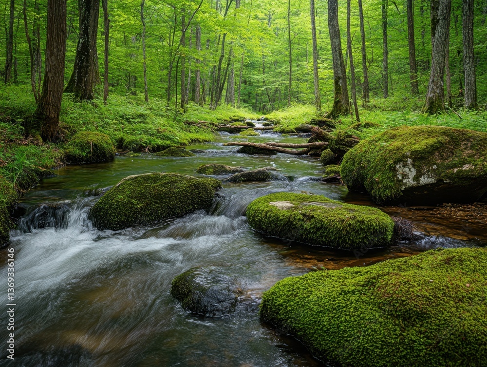 Lush Green Forest Stream with Mossy Rocks Lush Green Forest Stream with Mossy Rocks