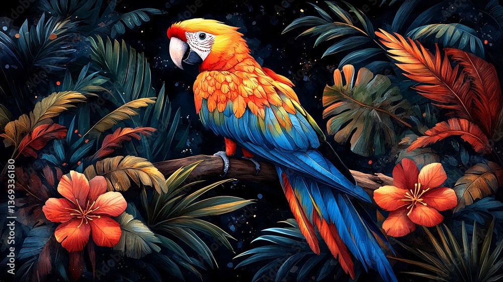 Fototapeta premium Vibrant Exotic Green Macaw Perched Among Lush Tropical Foliage and Colorful Flowers