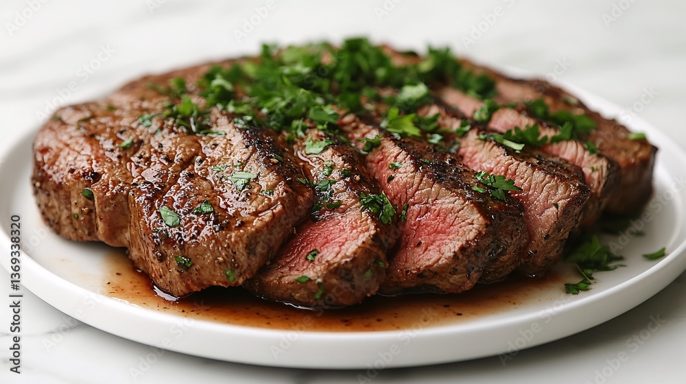 Freshly Sliced Beef Ranchera Steak Cooked to Perfection on White Plate with Garnish Freshly Sliced Beef Ranchera Steak Cooked to Perfection on White Plate with Garnish