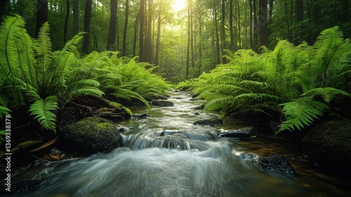 Lush Forest Stream with Ferns