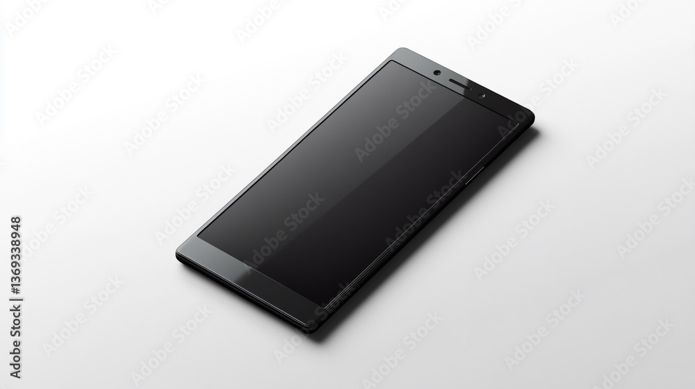 A black smartphone lying flat on a white surface with a glossy screen and minimal design details A black smartphone lying flat on a white surface with a glossy screen and minimal design details