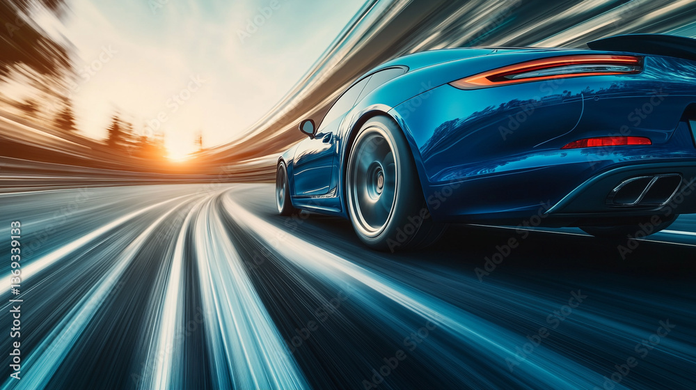 Blue sports car speeding on a road with motion blur during sunset with trees on the side of the road Blue sports car speeding on a road with motion blur during sunset with trees on the side of the road