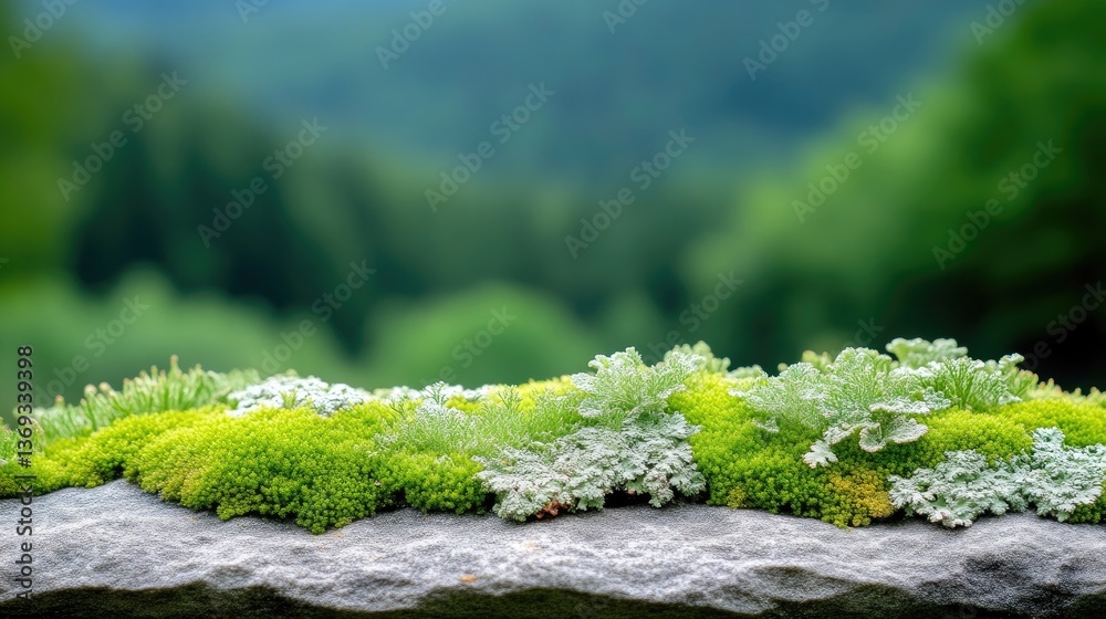 Naklejka premium Low-lying greenery adorns a stone ledge, with a blurred background of lush forest