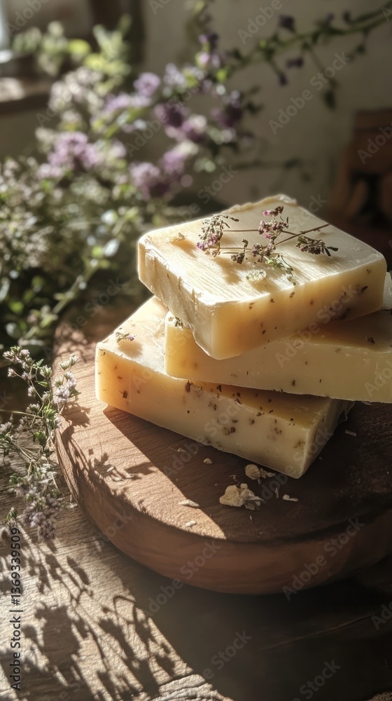Soap artisan produces bars using pure natural extracts and essential botanicals. Vertical.