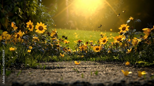 Sunlit Meadow with Vibrant Sunflowers Blooming in Summer A Peaceful Nature Scene