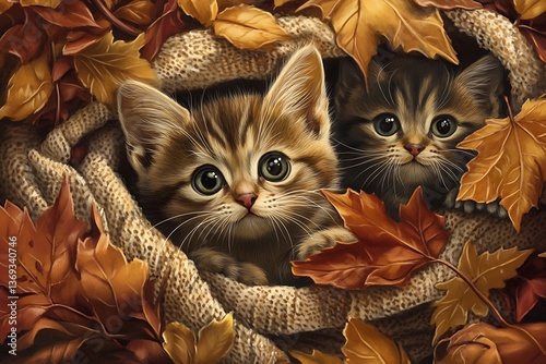 Two adorable kittens nestled in a cozy blanket surrounded by autumn leaves, captivating eyes