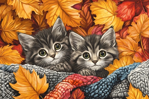 Adorable kittens nestled in autumn leaves and a cozy blanket, perfect for fall themes