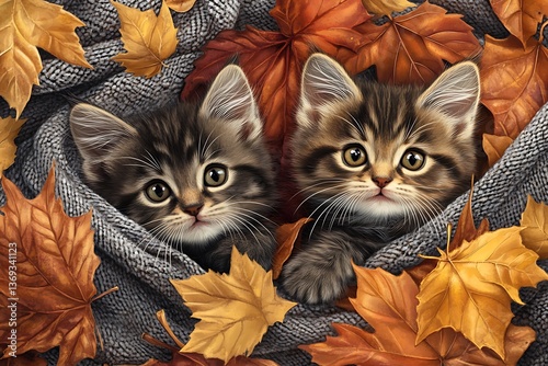 Two adorable kittens nestled in a cozy blanket surrounded by autumn leaves, a heartwarming fall scene