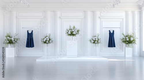 Elegant white fashion showroom showcasing navy blue dresses and floral arrangements on display