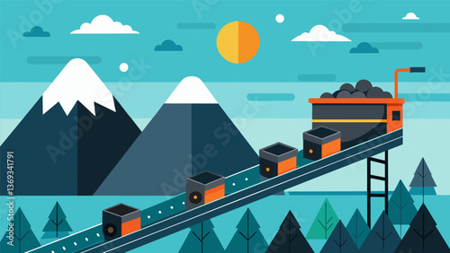 A mountain of coal slowly diminishes as it makes its way down the belt with the desired pieces being diverted to different sections for further. Vector illustration