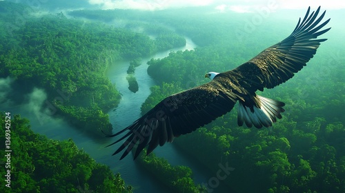  An eagle soaring high above the Amazon rainforest, looking down on the endless sea of green as rivers snake through the jungle below. 