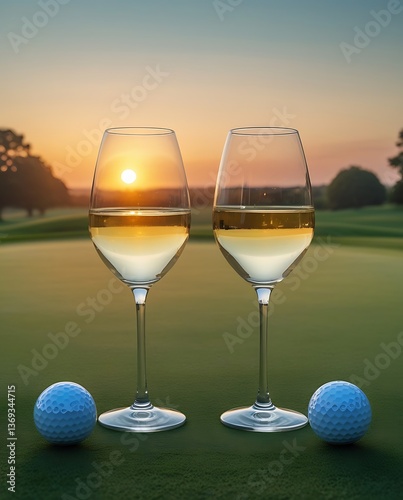 Elegant sunset scene with two glasses of white wine and two golf balls placed on a green golf course field, creating a romantic sports and luxury lifestyle background

