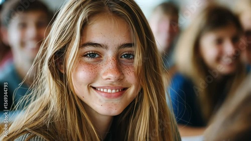 A portrait of a happy teenage girl in school, looking at the camera and smiling