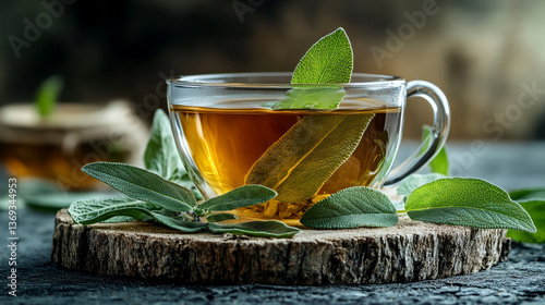 A clear cup of herbal tea with sage leaves on a wooden coaster in a dark moody setting