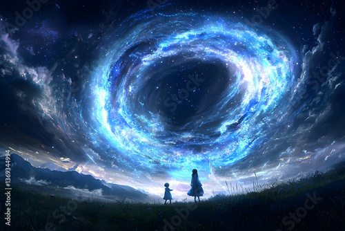 Two Figures Gaze at a Glowing Blue Spiral Galaxy at Night photo