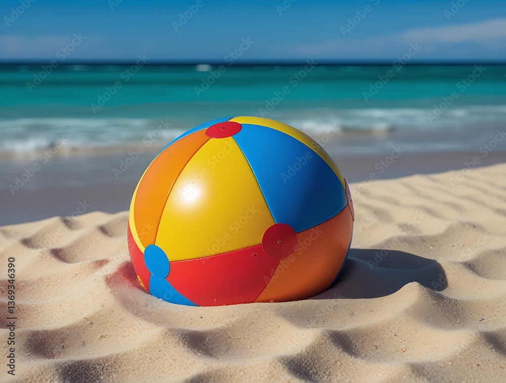 Obraz premium Colorful inflatable beach ball resting on soft white sand under bright sun at a tropical seaside, with turquoise ocean waves and blue sky in the background, ideal for summer themes