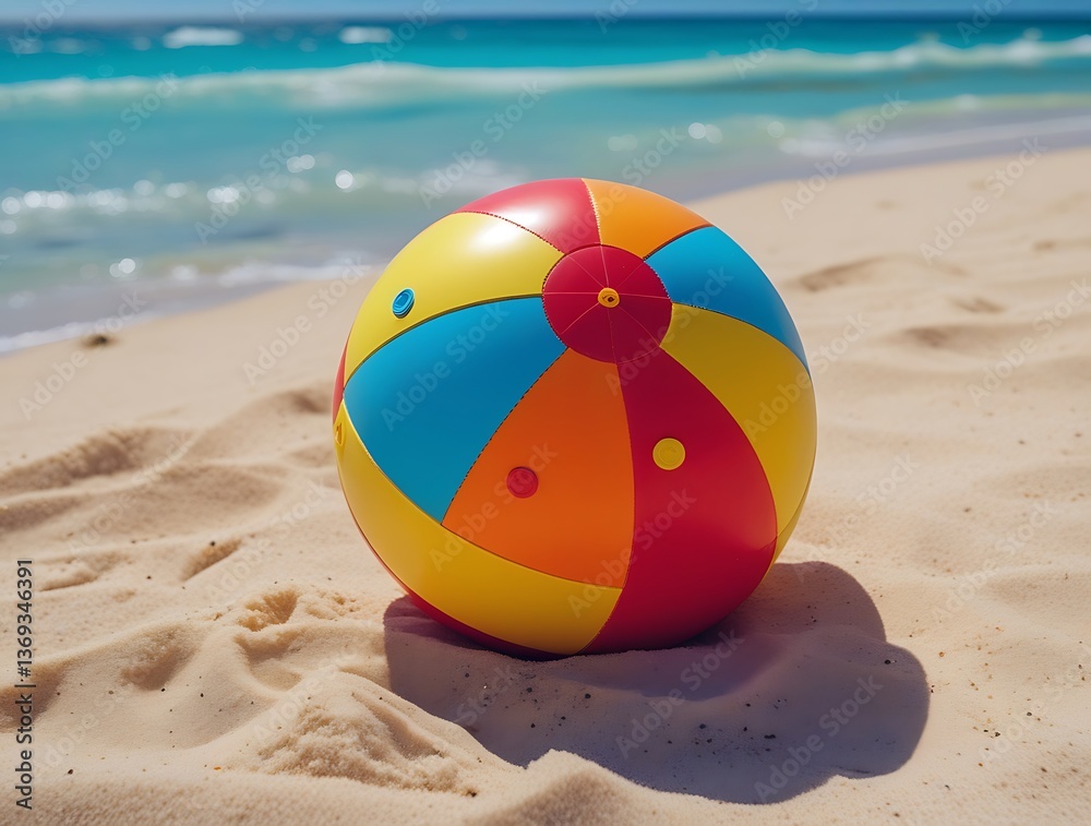 Obraz premium Colorful inflatable beach ball resting on soft white sand under bright sun at a tropical seaside, with turquoise ocean waves and blue sky in the background, ideal for summer themes