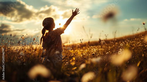 A woman who praises her with her hands held high in the field of spring wild flowers