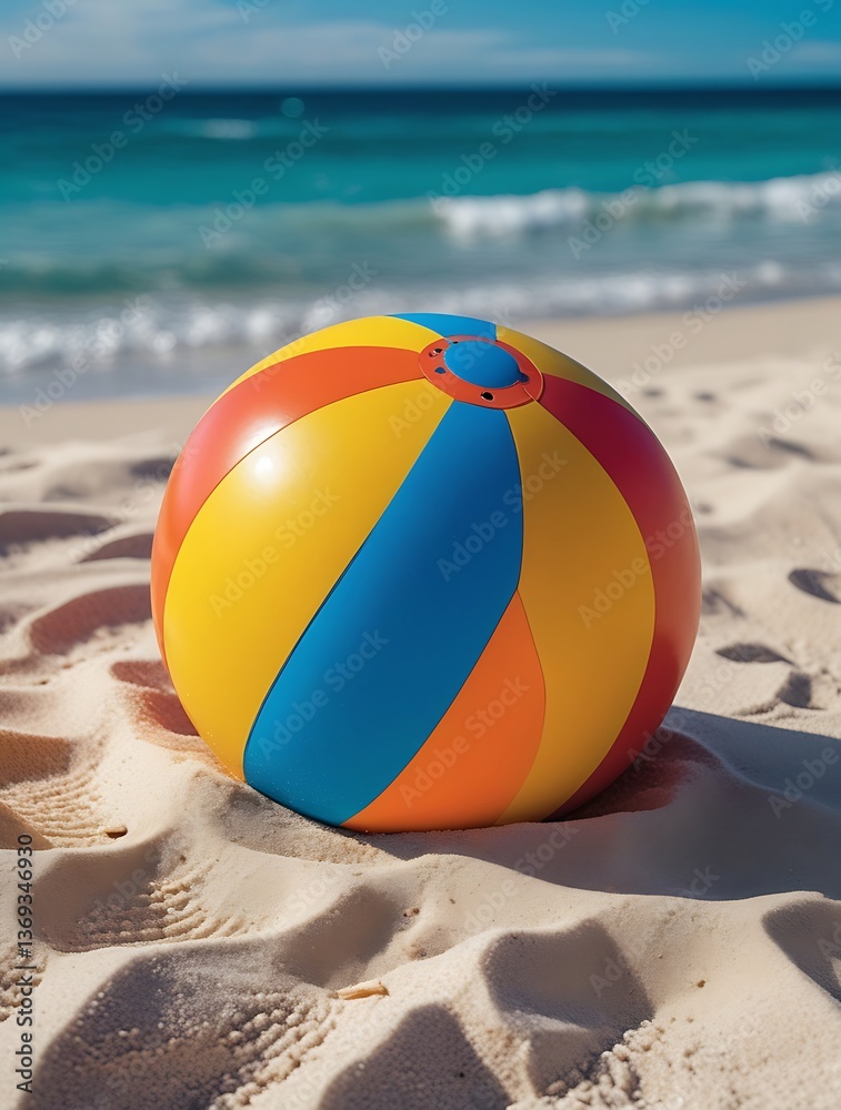 Obraz premium Colorful inflatable beach ball resting on soft white sand under bright sun at a tropical seaside, with turquoise ocean waves and blue sky in the background, ideal for summer themes
