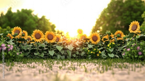 Sunlit Sunflower Field at Sunset Vibrant Yellow Flowers in a Lush Green Meadow