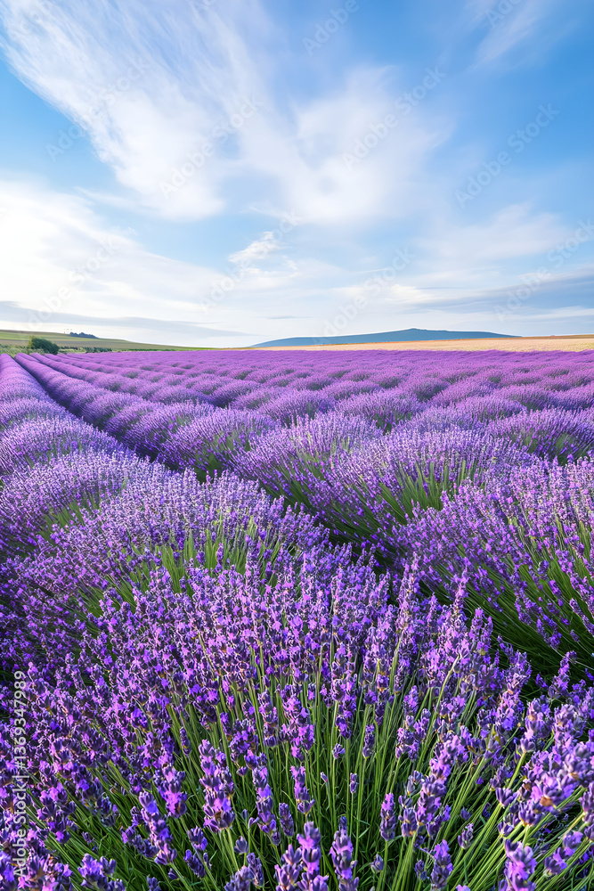 Obraz premium Tranquil Harmony: A Field of Lavender Flowers under a Pastel Blue Sky