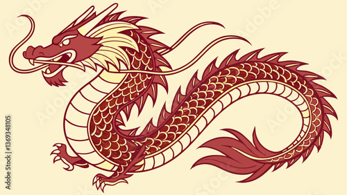 Dynamic Chinese Dragon Vector Illustration with Scales and Whiskers