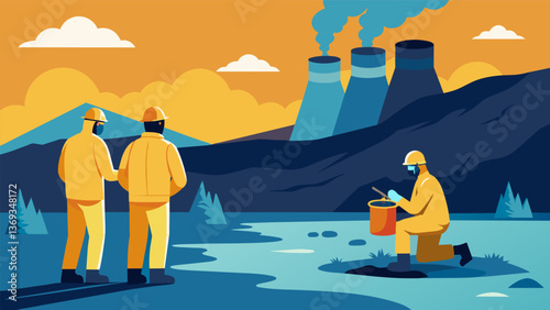 A team of scientists wearing protective gear inspect a power plants coal ash pond monitoring the containment and management of the byproduct.. Vector illustration