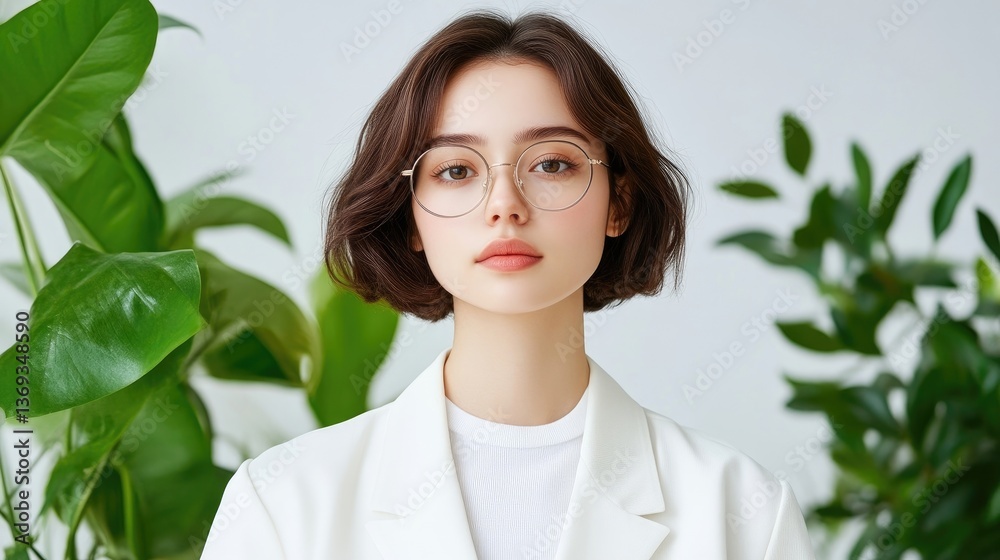 Young woman in white blazer, surrounded by greenery Young woman in white blazer, surrounded by greenery