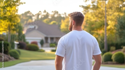 Man standing outdoors, looking at a house
