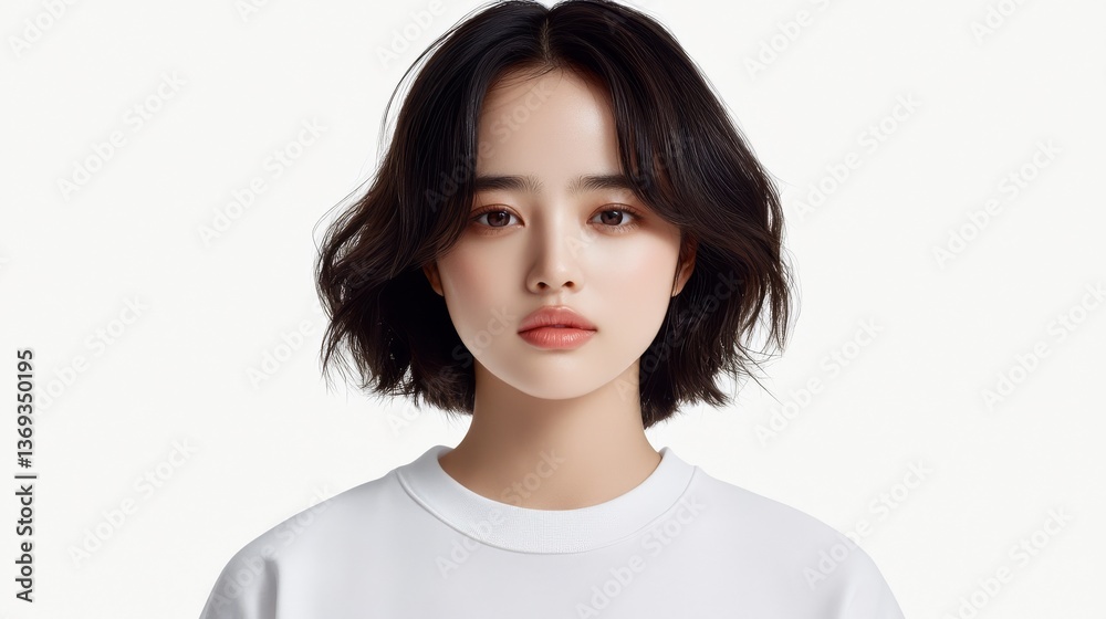 Minimalist portrait, woman with short hair in a classic white t-shirt Minimalist portrait, woman with short hair in a classic white t-shirt