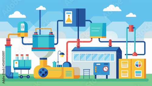 A warehouse filled with machines and equipment working in tandem to create a closedloop heating system constantly recycling hot air for maximum. Vector illustration