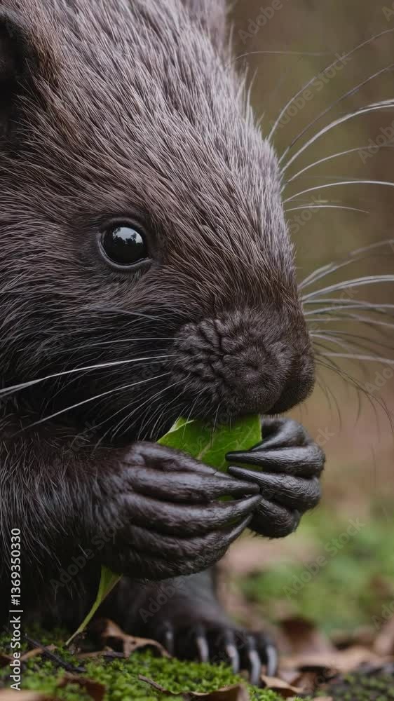 Close-up of a small rodent holding a green leaf. Detailed fur texture and big shiny eye. Natural setting with blurred background. Close-up of a small rodent holding a green leaf. Detailed fur texture and big shiny eye. Natural setting with blurred background.