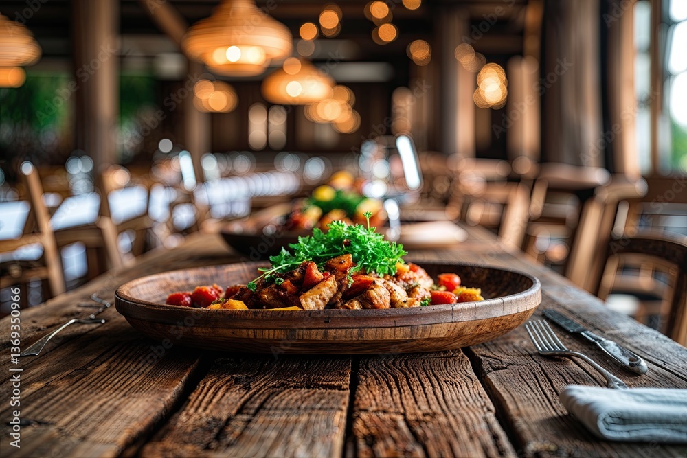 Rustic Brown Wooden Dining Tabletop with Soft Blurred Background for Cozy Display Settings Rustic Brown Wooden Dining Tabletop with Soft Blurred Background for Cozy Display Settings
