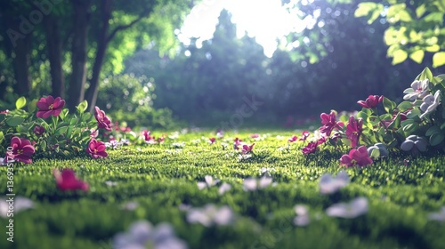 Serene Springtime Meadow Vibrant Pink and White Flowers Blooming in Lush Green Grass