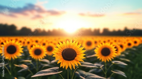 Stunning Sunflowers at Sunset in a Vast Field Summer Nature