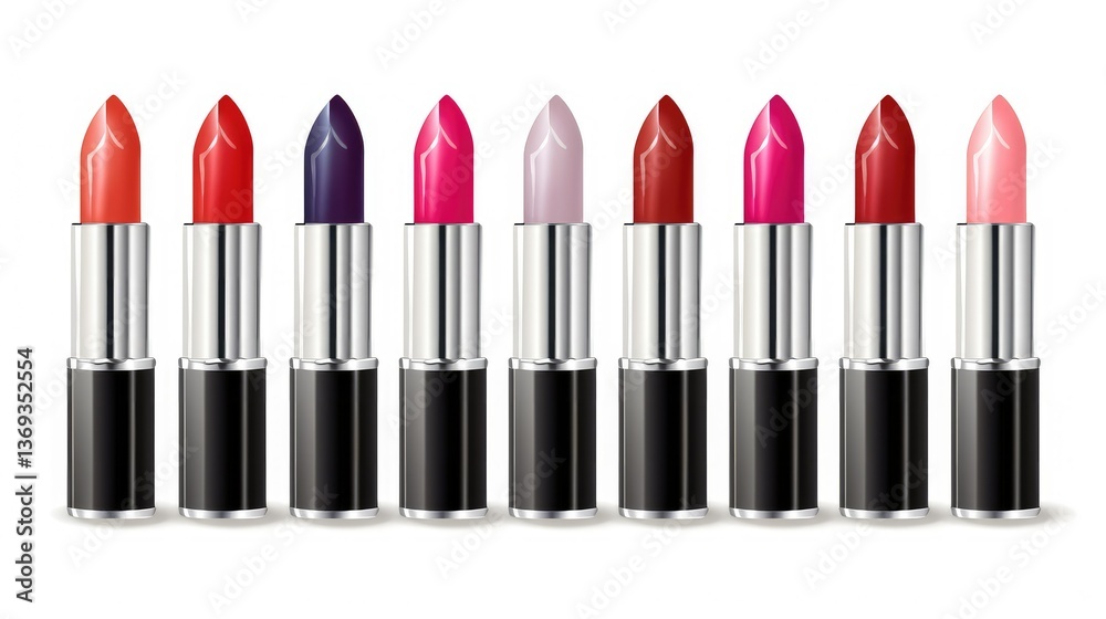 Obraz premium Lineup of Lipsticks Showcasing Diverse Shades from Bold Red to Deep Purple on a white Background