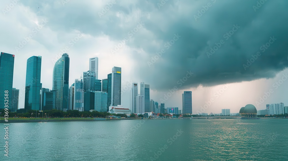 Fototapeta premium Dramatic Skyline of Modern City with Dark Storm Clouds Over Water and Urban Architecture
