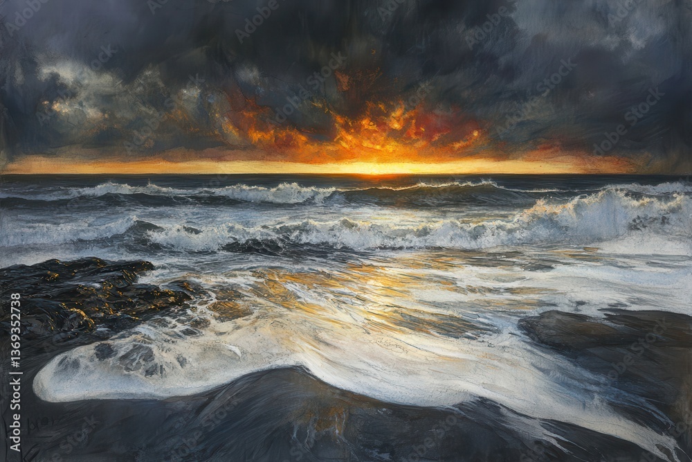 Fototapeta premium Dramatic Ocean Sunset Fiery Sky with Crashing Waves.