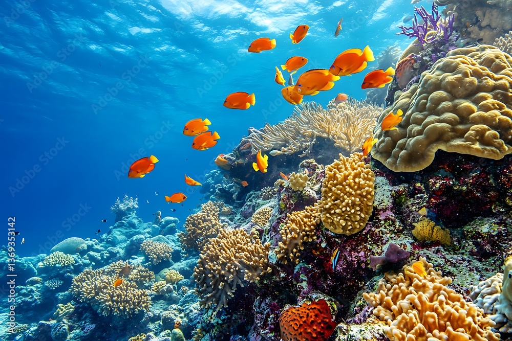 Obraz premium Vibrant coral reef ecosystem teeming with orange fish and diverse marine life underwater