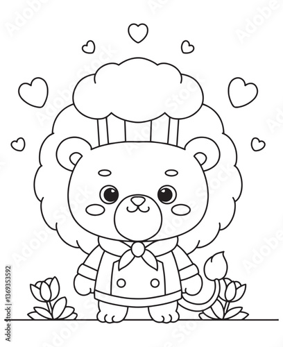 Coloring book  lion chef wearing a chef's hat and uniform, with hearts around and tulips below
