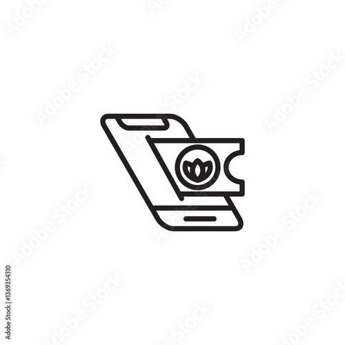 A smartphone displays a ticket or voucher with a lotus flower symbol. Represents online booking for wellness services, digital coupons for spas, or mobile access to mindful events.