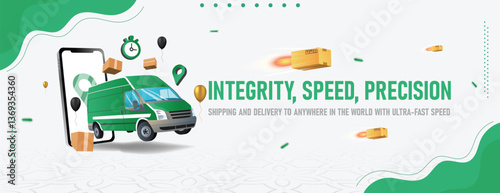 Modern logistics and delivery banner with a green theme, featuring a delivery van, flying parcels, and a mobile phone for fast global shipping service promotion