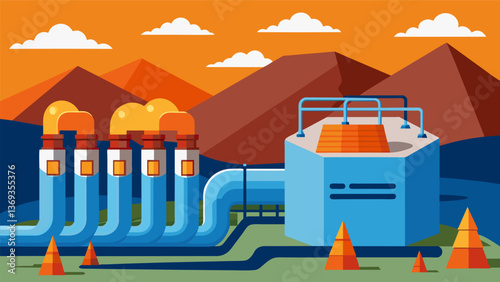 A series of massive geothermal generators powered by the constant flow of hot water from underground reservoirs.. Vector illustration