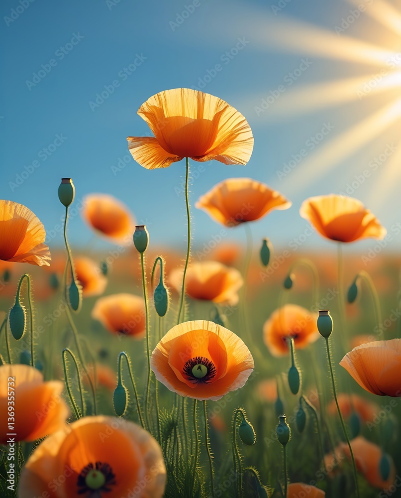 Obraz premium Field of blooming orange poppies bathed in golden sunlight under a clear blue sky, symbolizing warmth, peace, springtime, natural beauty, and the serenity of a sunlit morning landscape.