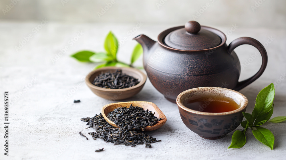 Still life of a teapot, tea leaves, and a cup of tea with green leaves on a light gray surface Still life of a teapot, tea leaves, and a cup of tea with green leaves on a light gray surface