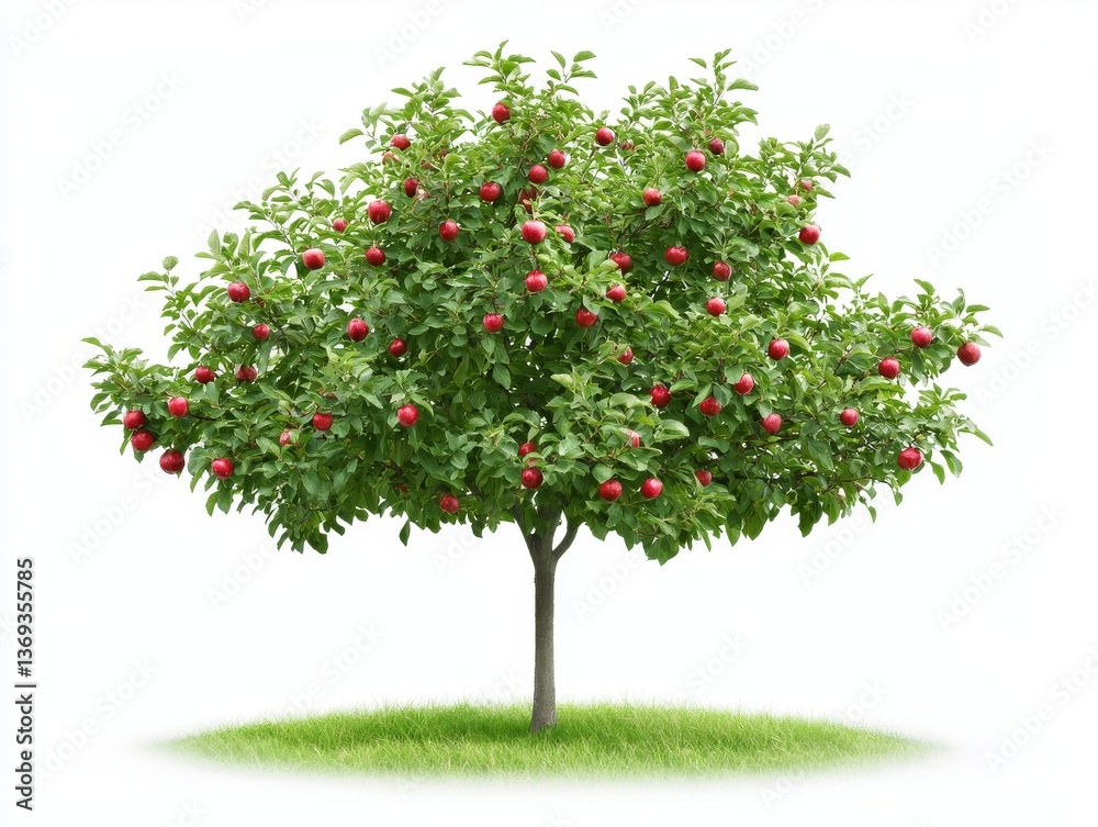Closeup of ripe red apples on an apple tree branch against a clean white background Closeup of ripe red apples on an apple tree branch against a clean white background